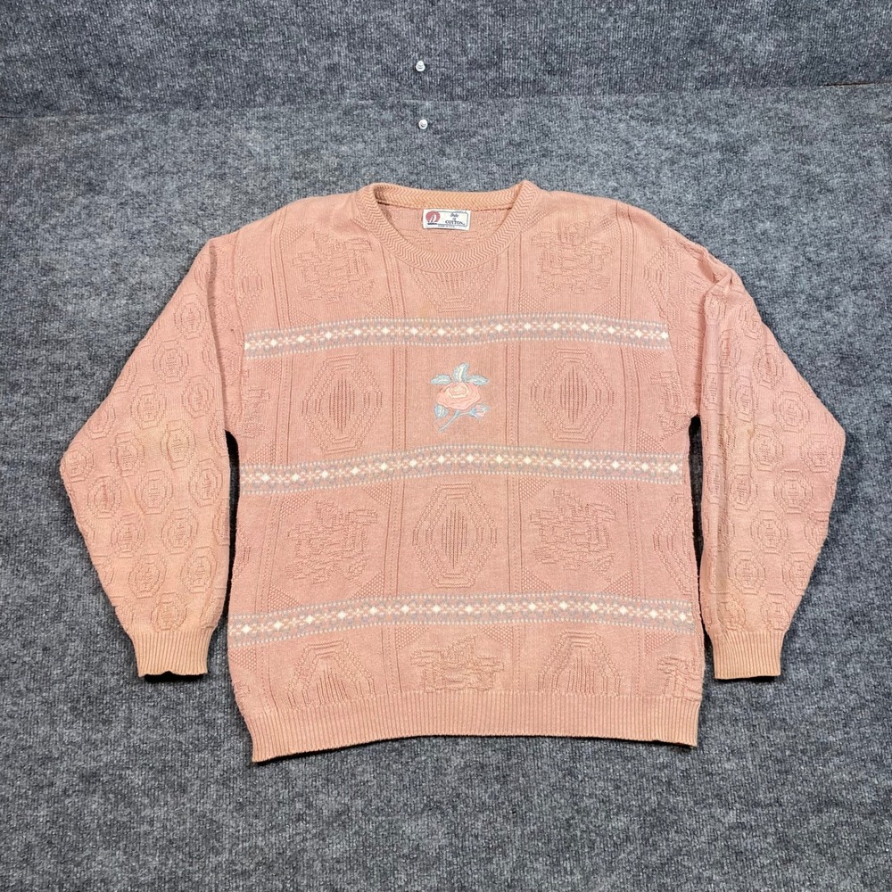 Vintage Isle of Cotton Peach Textured Knit Embroidered Rose Sweater Womens L USA